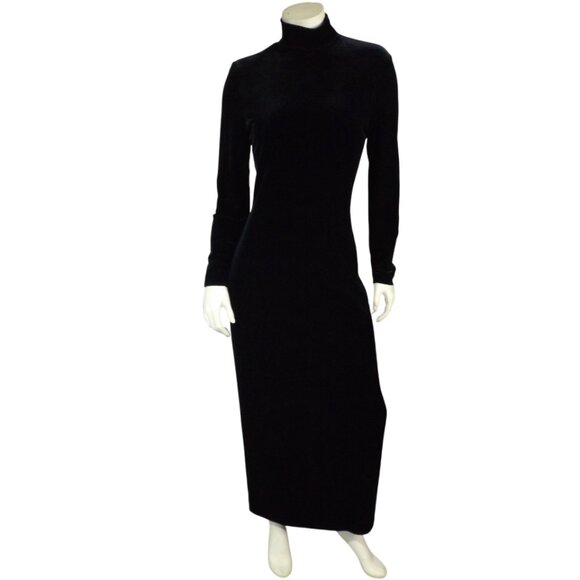 MICHAEL SIMON Maxi Dress, M, Vintage, Stretch Black Velvet, Long sleeves, Vent - Picture 1 of 13